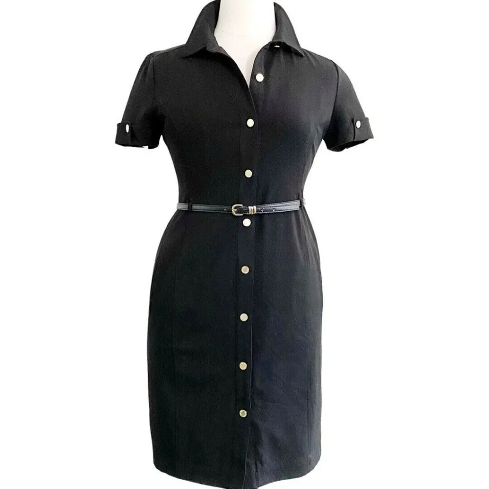 Calvin Klein Short Sleeve Collard Snap From Obsidian Black Shirt Dress Size 12 - Picture 2 of 6